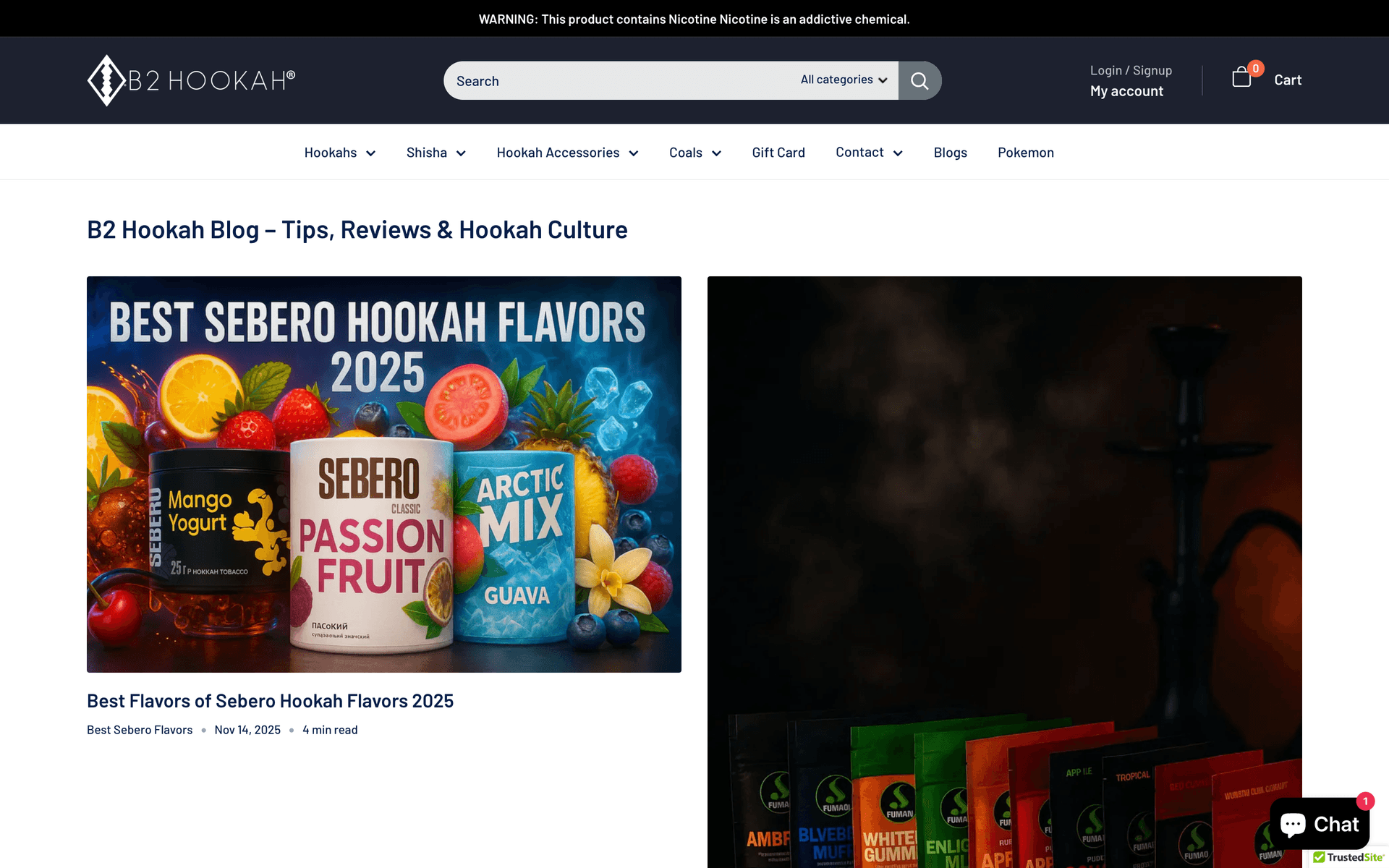 B2 Hookah Blog landing page titled Tips, Reviews and Hookah Culture, with a featured article on the best Sebero hookah flavors of 2025 alongside additional editorial articles and full-width product photography